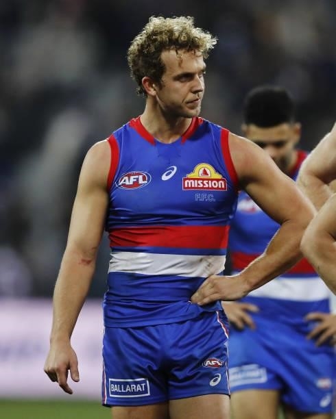Mitch Wallis of the Bulldogs looks dejected after a loss during the 2021 AFL Round 14 match between the Geelong Cats and the Western Bulldogs at...