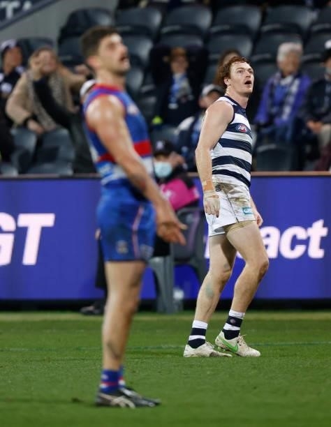 Gary Rohan of the Cats looks on at his shot on goal after the siren to win the match during the 2021 AFL Round 14 match between the Geelong Cats and...