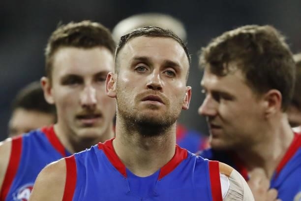 Hayden Crozier of the Bulldogs looks dejected after a loss during the 2021 AFL Round 14 match between the Geelong Cats and the Western Bulldogs at...