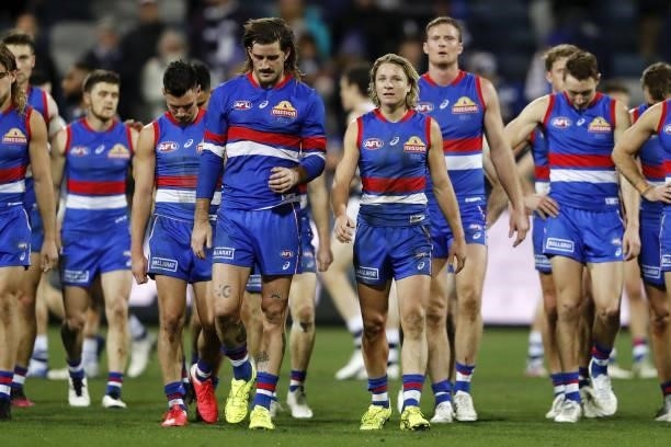 Cody Weightman of the Bulldogs looks dejected after a loss during the 2021 AFL Round 14 match between the Geelong Cats and the Western Bulldogs at...