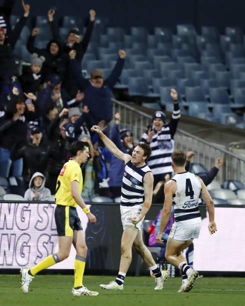 Gary Rohan of the Cats celebrates a goal to win the match after the siren during the 2021 AFL Round 14 match between the Geelong Cats and the Western...