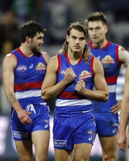 Bailey Smith of the Bulldogs looks ondduring the 2021 AFL Round 14 match between the Geelong Cats and the Western Bulldogs at GMHBA Stadium on June...