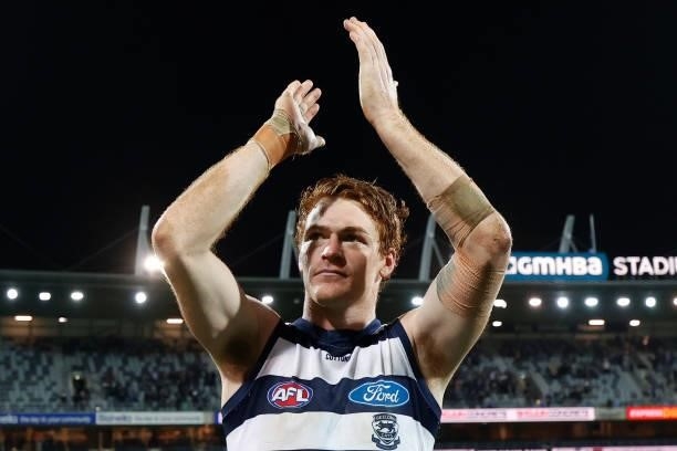 Gary Rohan of the Cats celebrates after the 2021 AFL Round 14 match between the Geelong Cats and the Western Bulldogs at GMHBA Stadium on June 18,...