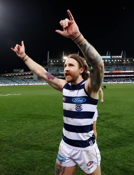 Zach Tuohy of the Cats celebrates during the 2021 AFL Round 14 match between the Geelong Cats and the Western Bulldogs at GMHBA Stadium on June 18,...