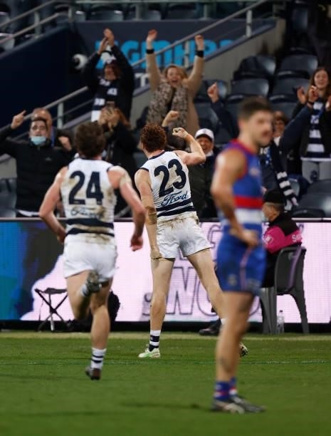 Gary Rohan of the Cats celebrates after kicking a goal after the siren to win the match during the 2021 AFL Round 14 match between the Geelong Cats...