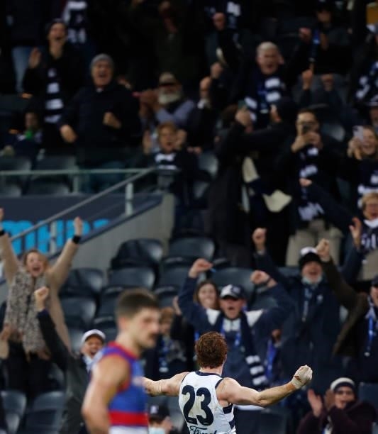 Gary Rohan of the Cats celebrates after kicking a goal after the siren to win the match during the 2021 AFL Round 14 match between the Geelong Cats...