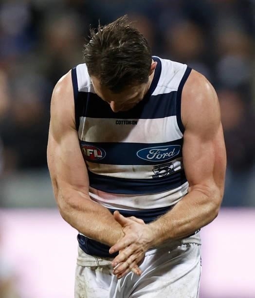 Patrick Dangerfield of the Cats rues a missed shot on goal during the 2021 AFL Round 14 match between the Geelong Cats and the Western Bulldogs at...