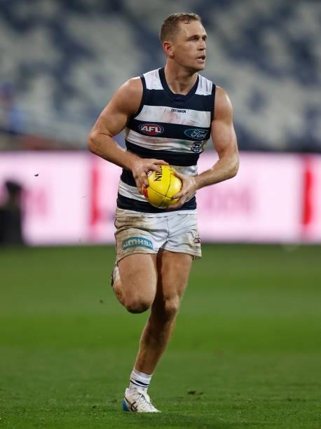 Joel Selwood of the Cats in action during the 2021 AFL Round 14 match between the Geelong Cats and the Western Bulldogs at GMHBA Stadium on June 18,...