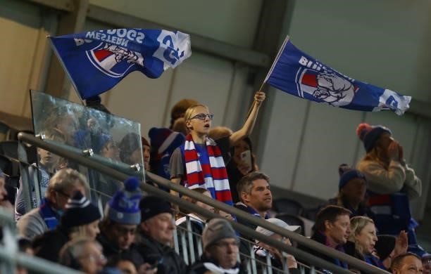 Bulldogs fans are seen during the 2021 AFL Round 14 match between the Geelong Cats and the Western Bulldogs at GMHBA Stadium on June 18, 2021 in...
