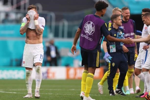 Slovakia's midfielder Juraj Kucka reacts at the end of the UEFA EURO 2020 Group E football match between Sweden and Slovakia at Saint Petersburg...
