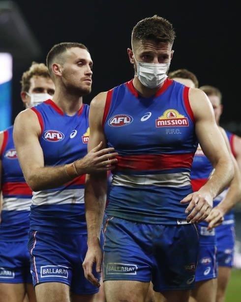Marcus Bontempelli of the Bulldogs leaves the field after a loss during the 2021 AFL Round 14 match between the Geelong Cats and the Western Bulldogs...
