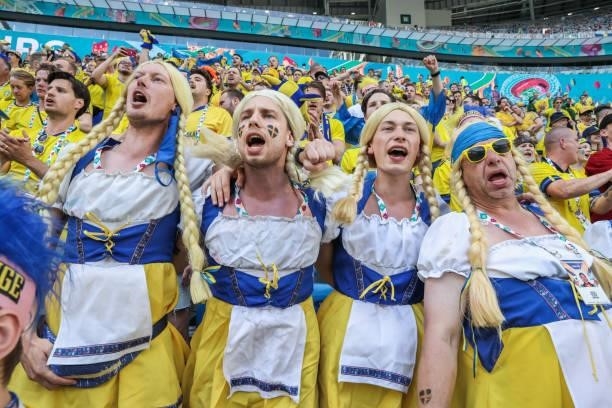 Sweden supporters during the UEFA Euro 2020 Championship Group E match between Sweden and Slovakia at Saint Petersburg Stadium on June 18, 2021 in...