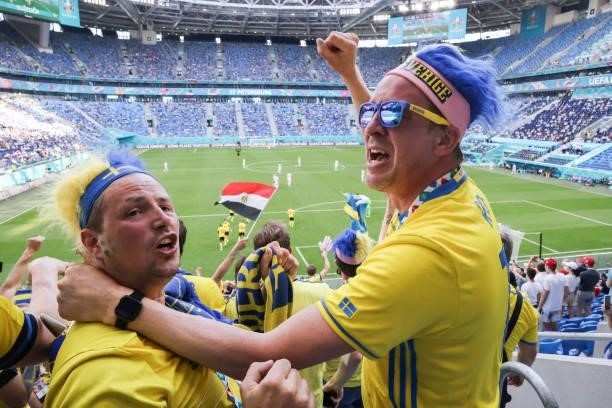 Sweden supporters during the UEFA Euro 2020 Championship Group E match between Sweden and Slovakia at Saint Petersburg Stadium on June 18, 2021 in...