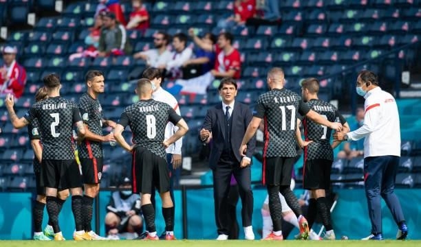 Croatia manager Zlartko Dalic talks with his players during a Euro 2020 match between Croatia and Czech Republic at Hampden Park, on June 18 in...