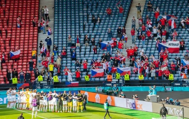 Czech Republic players applaud the fans at full time during a Euro 2020 match between Croatia and Czech Republic at Hampden Park on June 18 in...