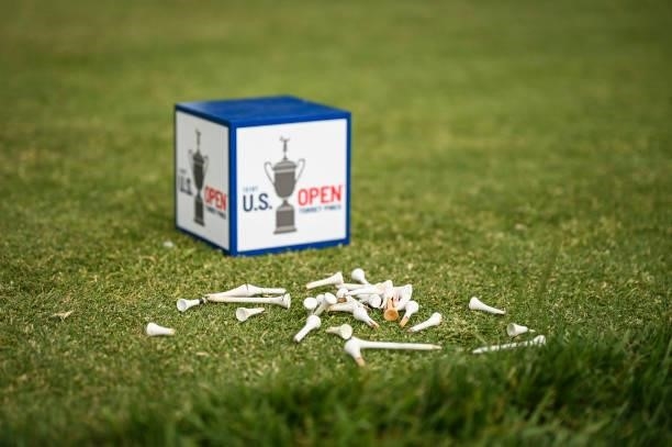 Collection of broken tees next to a marker on the third hole tee box during the first round of the 121st U.S. Open on the South Course at Torrey...