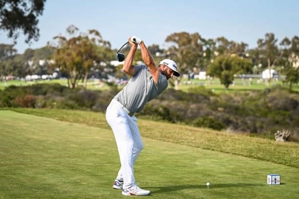 Dustin Johnson at the top of his swing as he plays his shot from the sixth tee during the first round of the 121st U.S. Open on the South Course at...