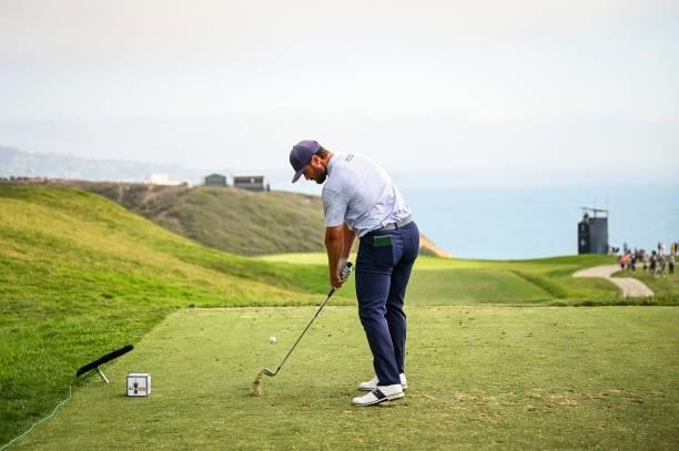Rick Lamb at impact as he plays his shot from the third tee during the first round of the 121st U.S. Open on the South Course at Torrey Pines Golf...