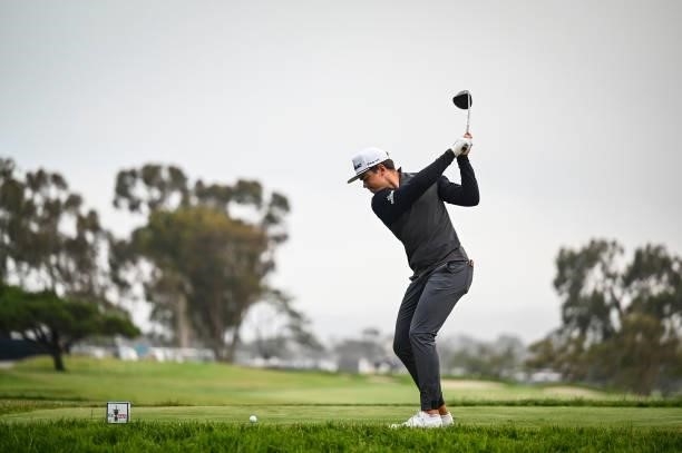 Garrick Higgo of South Africa at the top of his swing as he plays his shot from the seventh tee during the first round of the 121st U.S. Open on the...