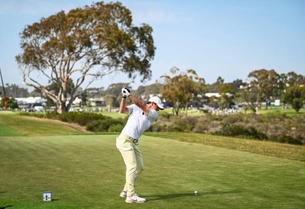 Rory McIlroy of Northern Ireland at the top of his swing as he plays his shot from the sixth tee during the first round of the 121st U.S. Open on the...