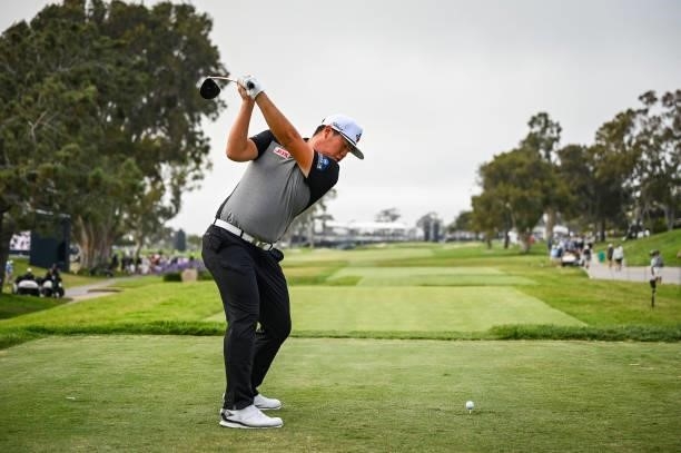 Sungjae Im of South Korea at the top of his swing as he plays his shot from the 18th tee during the first round of the 121st U.S. Open on the South...
