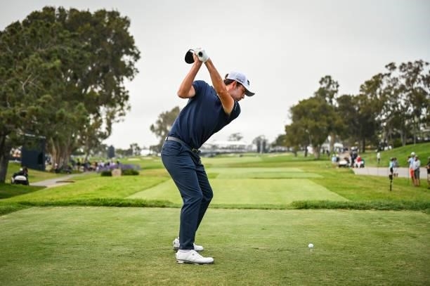 Patrick Cantlay at the top of his swing as he plays his shot from the 18th tee during the first round of the 121st U.S. Open on the South Course at...