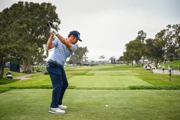 Louis Oosthuizen of South Africa at the top of his swing as he plays his shot from the 18th tee during the first round of the 121st U.S. Open on the...