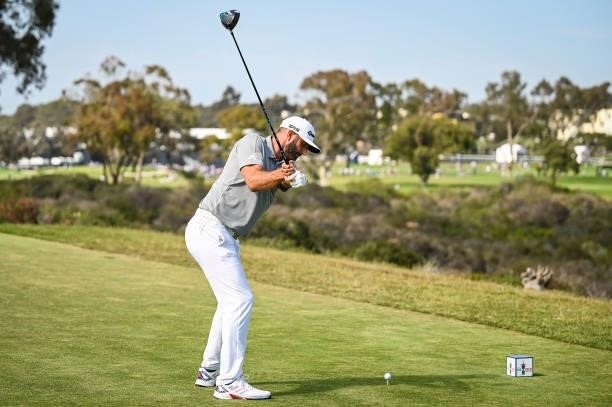 View showing the grip of Dustin Johnson on his backswing as he plays his shot from the sixth tee during the first round of the 121st U.S. Open on the...