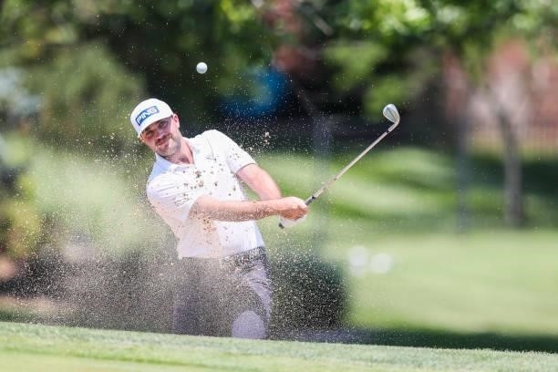 Stuart Macdonald plays his shot from the bunker on the 18th green during the second round of the Wichita Open Benefitting KU Wichita Pediatrics at...