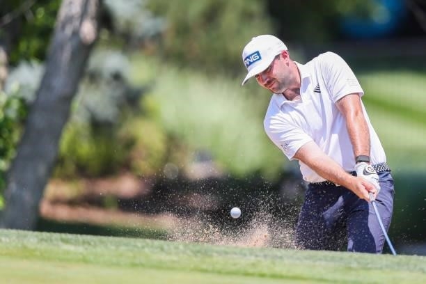 Stuart Macdonald plays his shot from the bunker on the 18th green during the second round of the Wichita Open Benefitting KU Wichita Pediatrics at...