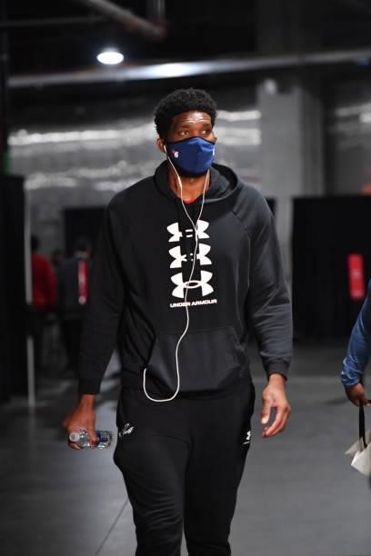 Joel Embiid of the Philadelphia 76ers arrives prior to a game against the Atlanta Hawks during Round 2, Game 6 of the Eastern Conference Playoffs on...