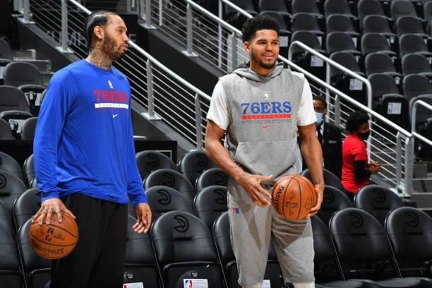 Mike Scott of the Philadelphia 76ers and Tobias Harris of the Philadelphia 76ers warm up prior to a game against the Atlanta Hawks during Round 2,...