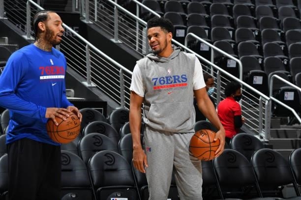 Mike Scott of the Philadelphia 76ers and Tobias Harris of the Philadelphia 76ers warm up prior to a game against the Atlanta Hawks during Round 2,...