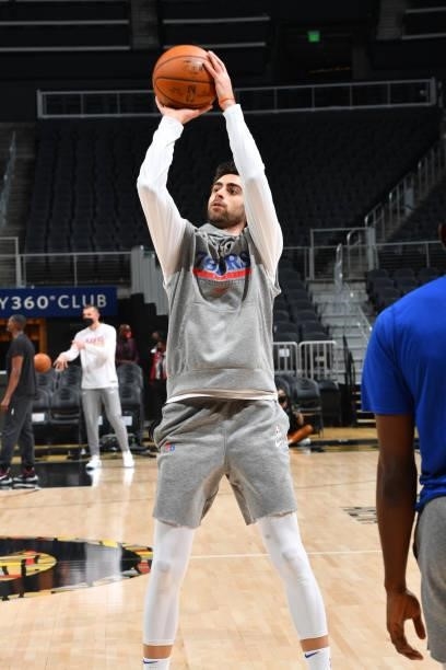 Furkan Korkmaz of the Philadelphia 76ers warms up prior to a game against the Atlanta Hawks during Round 2, Game 6 of the Eastern Conference Playoffs...