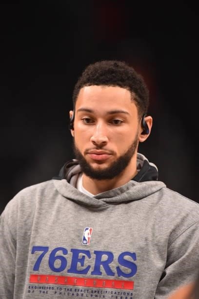 Ben Simmons of the Philadelphia 76ers warms up prior to a game against the Atlanta Hawks during Round 2, Game 6 of the Eastern Conference Playoffs on...