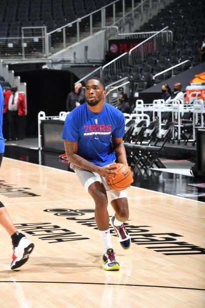 Shake Milton of the Philadelphia 76ers warms up prior to a game against the Atlanta Hawks during Round 2, Game 6 of the Eastern Conference Playoffs...