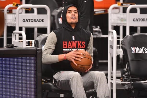 Trae Young of the Atlanta Hawks warms up prior to a game against the Philadelphia 76ers during Round 2, Game 6 of the Eastern Conference Playoffs on...