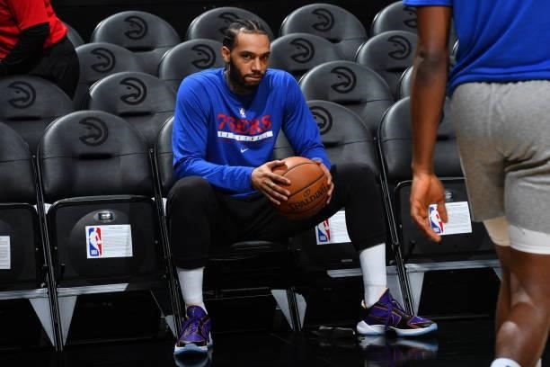 Mike Scott of the Philadelphia 76ers warms up prior to a game against the Atlanta Hawks during Round 2, Game 6 of the Eastern Conference Playoffs on...
