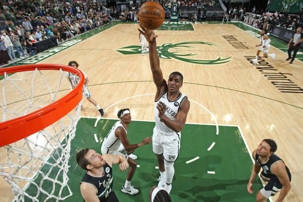 Reggie Perry of the Brooklyn Nets shoots the ball against the Milwaukee Bucks during Round 2, Game 6 of the 2021 NBA Playoffs on June 17, 2021 at the...
