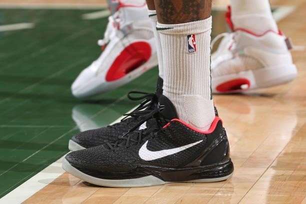 The sneakers worn by P.J. Tucker of the Milwaukee Bucks against the Brooklyn Nets during Round 2, Game 5 of the 2021 NBA Playoffs on June 17, 2021 at...