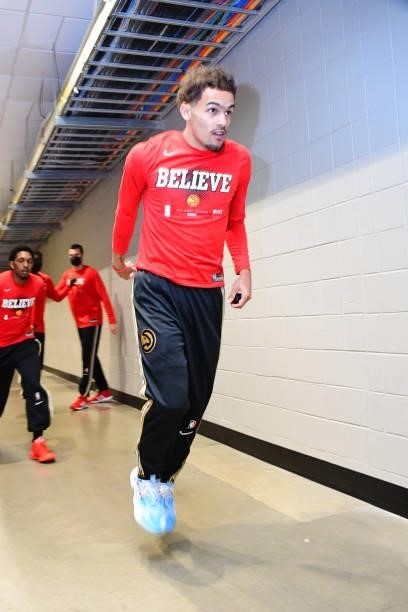 Trae Young of the Atlanta Hawks runs out of the locker room before the game against thePhiladelphia 76ers during Round 2, Game 6 of the Eastern...