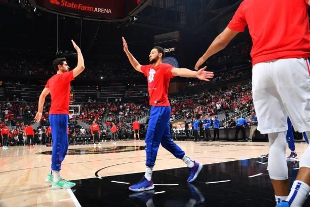 Ben Simmons of the Philadelphia 76ers is introduced prior to a game against the Atlanta Hawks during Round 2, Game 6 of the Eastern Conference...