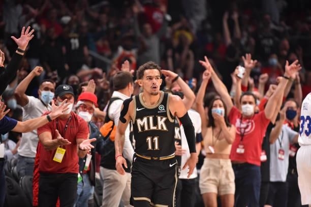 Trae Young of the Atlanta Hawks reacts during a game against the Philadelphia 76ers during Round 2, Game 6 of the Eastern Conference Playoffs on June...