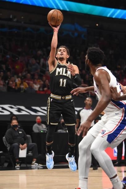 Trae Young of the Atlanta Hawks shoots the ball against the Philadelphia 76ers during Round 2, Game 6 of the Eastern Conference Playoffs on June 18,...