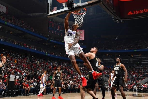 Dwight Howard of the Philadelphia 76ers dunks the ball against the Atlanta Hawks during Round 2, Game 6 of the Eastern Conference Playoffs on June...