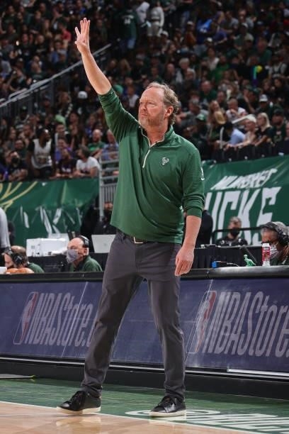 Head Coach Mike Budenholzer of the Milwaukee Bucks coaches the Milwaukee Bucks in the game against the Brooklyn Nets during Round 2, Game 6 of the...