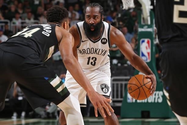 James Harden of the Brooklyn Nets handles the ball against Giannis Antetokounmpo of the Milwaukee Bucks during Round 2, Game 5 of the 2021 NBA...