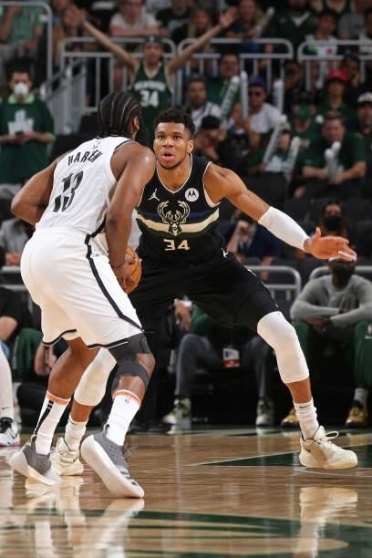Giannis Antetokounmpo of the Milwaukee Bucks plays defense on James Harden of the Brooklyn Nets during Round 2, Game 6 of the 2021 NBA Playoffs on...