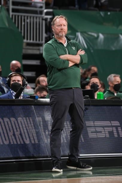 Head Coach Mike Budenholzer of the Milwaukee Bucks looks on against the Brooklyn Nets during Round 2, Game 6 of the 2021 NBA Playoffs on June 17,...