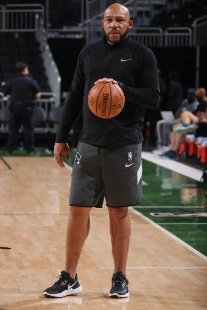 Assistant Coach Darvin Ham of the Milwaukee Bucks handles the ball before the game against the Brooklyn Nets during Round 2, Game 6 of the 2021 NBA...